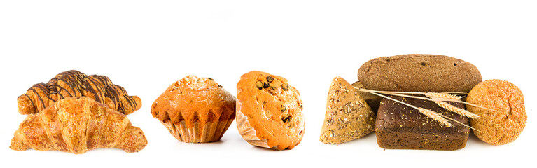 Buns and sweet pastries isolated on white. Collage. Free space for text. Wide photo.