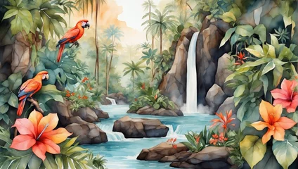 Zelfklevend Fotobehang Watercolor jungle landscape with tropical plants, exotic birds, and a hidden waterfall. © xKas