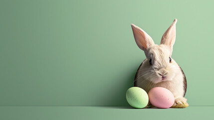 Easter bunny and pastel colour Easter eggs on green background with copy space. - obrazy, fototapety, plakaty