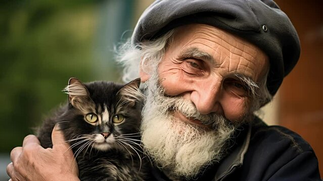 An elderly man who has found a new sense of purpose after adopting a rescue cat and now spends his days caring for and spoiling his beloved feline friend.
