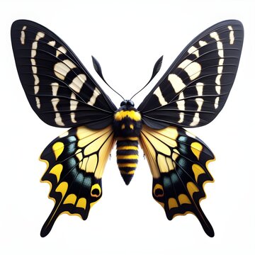 A black and yellow moth with wings spread wide.
