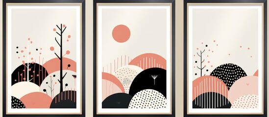 This is a set of three framed art prints displaying abstract shapes. The prints are minimalistic and follow a Scandinavian design style, adding a modern touch to any space.