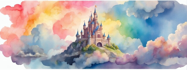 Watercolor magical castle in the clouds with a rainbow-colored sky. - obrazy, fototapety, plakaty