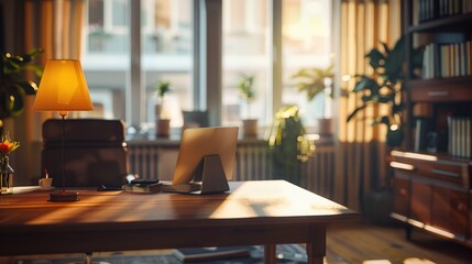 A modern laptop computer on a rustic wooden desk. Ideal for tech or workspace concepts