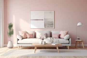 Fototapeta na wymiar Cozy pink living room with a stylish white couch. Perfect for interior design concepts