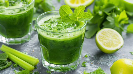 Fototapeta premium Green detox celery smoothie with lemon garnish.