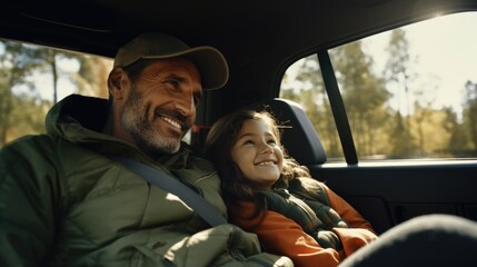 A man and a little girl sitting in a car. Perfect for family travel concepts