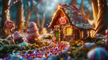 Fototapeta premium Sweet gingerbread house surrounded by candy in a forest setting. Perfect for holiday and fantasy themes