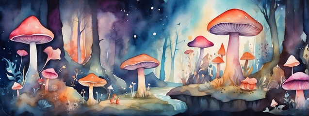 Watercolor magical forest with whimsical creatures and glowing mushrooms