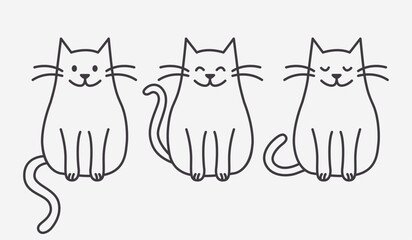 Set of black and white illustrations of cute cats