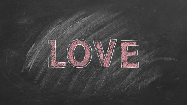 The word love is written with chalk on a blackboard. Animated illustration. Valentines Day.