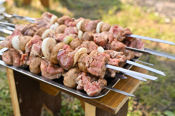raw meat on skewers for barbecue on a tray