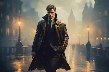 Fotobehang A stylish man in a sleek trench coat, holding an umbrella against the backdrop of a rainy cityscape, his demeanor confident and composed despite the inclement weather. © SHAN.