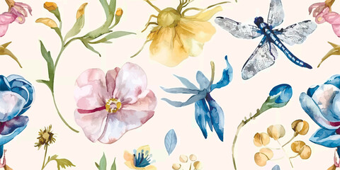 Seamless pattern, Blooming flowers with watercolor on pastel colors. Print with butterfly, dragonfly, beetle, vintage style. Hand drawn floral pattern. Botany garden