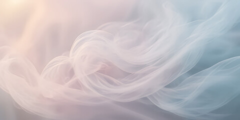 Close-up image of delicate wisps of smoke gently curling and unfurling against a background of soft pastel hues.