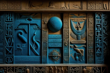 Bas-Relief of Egyptian Mythology and Hieroglyphics - obrazy, fototapety, plakaty