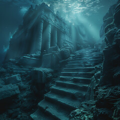 In the heart of the ocean, ancient ruins reveal secrets powered by dark energy, an underwater realm where history and mystery converge(428)(0)-Enhanced-SR - obrazy, fototapety, plakaty
