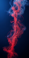 Photograph capturing the hypnotic dance of crimson smoke tendrils against a midnight blue background.