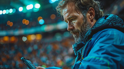 Soccer Coach standing on the sideline of a stadium soccer match looking down on a tablet.generative ai