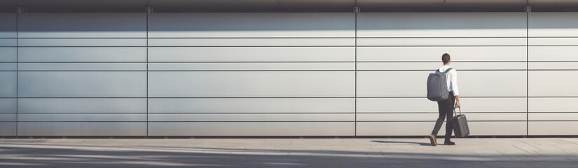 Businessman with suitcase walking in front of a wall in the office. Travel and business concept. Travel and tourism concept with copy space. Travel concept with copy space. 