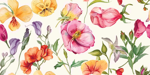 Seamless pattern, Blooming flowers with watercolor on pastel colors. Design for fabric luxurious wallpaper, vintage style. Hand drawn floral pattern. Botany garden