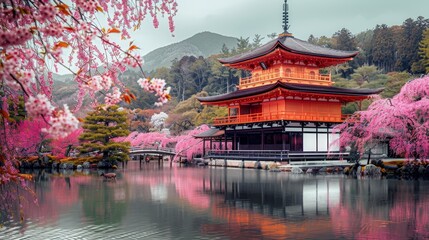 Bamboo forests create peaceful escapes, Kyoto's ancient architecture enhanced by spring blooms, Nara's deer roam freely among sakura, traditional Japanese countryside vistas.