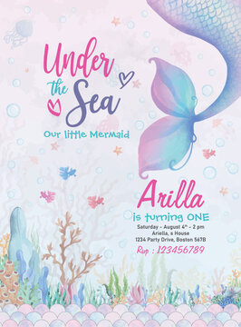 Children's mermaid birthday invitation card under water vector