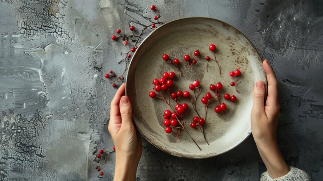 In natural light on a concrete background, Anonymous is holding a ceramic dish with a spray of organic buffaloberries against a textured grey background.