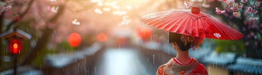 Kyoto's spring streets host geishas in kimonos, bamboo forests to lakes, pottery, and bonsai under soft rain. - obrazy, fototapety, plakaty