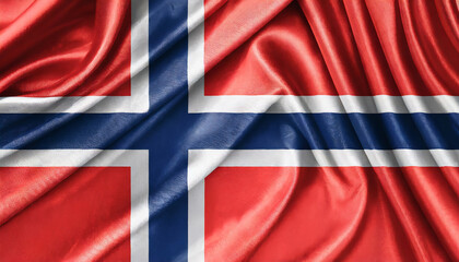 National Norwegian silk fabric flag. Symbol of Norway.