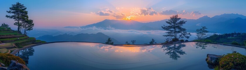 Embracing spring's warmth, onsen hot springs, vibrant wildlife, rice terraces under clear skies, serene lakes at sunset views.