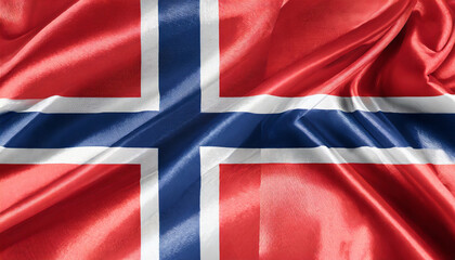 National Norwegian silk fabric flag. Symbol of Norway.