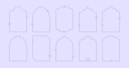 Valentines Day Y2K romantic frames. Outline vector minimalistic arches collection