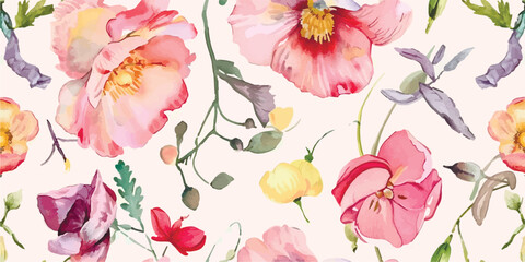 Seamless pattern, Blooming flowers with watercolor on pastel colors. Design for fabric luxurious wallpaper, vintage style. Hand drawn floral pattern. Botany garden