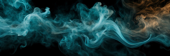 Abstract composition featuring dynamic swirls of smoke in shades of jade and topaz against a backdrop of rich, velvety black. - obrazy, fototapety, plakaty