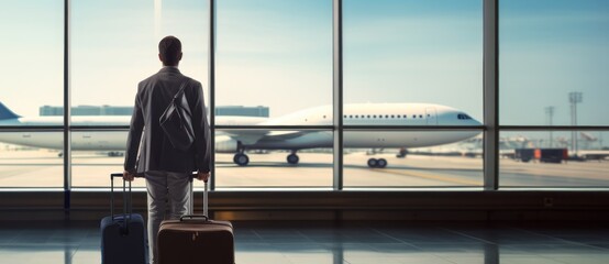 Back view of young businessman with luggage looking at airplane in airport terminal. Travel and business concept. Travel and tourism concept with copy space.  