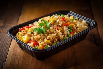 Conceptual close-up photography of a juicy fried rice in a bento box against a rustic textured paper background. AI Generation
