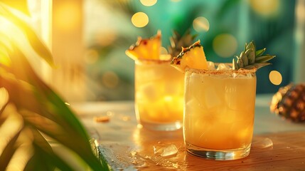 Coconut Pineapple Rum Punch drinks on a Table with Beautiful Lighting