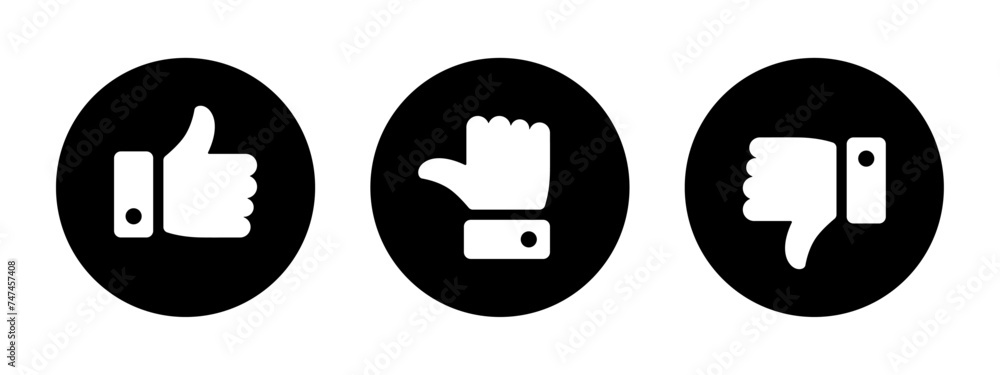 Aufkleber like, dislike and neutral thumb icon symbol set in circle in black and white color. rating thumb ico
