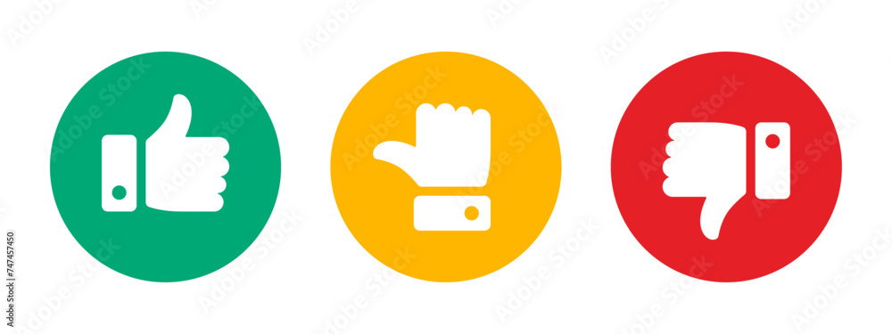 Aufkleber like, dislike and neutral thumb icon symbol set in circle with green, yellow and red color on white 