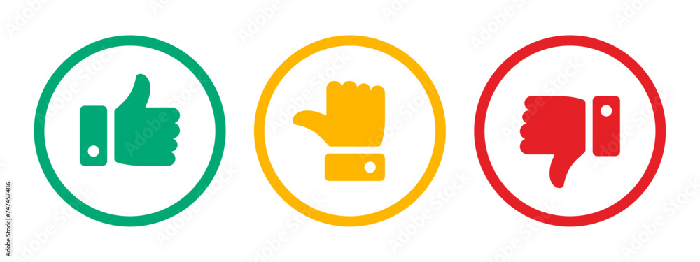 Leinwandbilder like, dislike and neutral thumb icon symbol set in outline circle with green, yellow and red color o