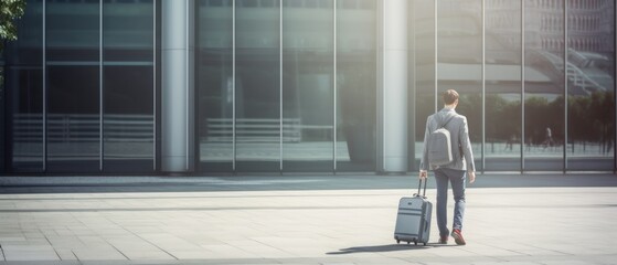 Businessman with suitcase in front of office building, panoramic banner. Travel and business concept. Travel and tourism concept with copy space. Travel concept with copy space. 