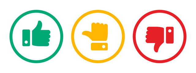 Like, dislike and neutral thumb icon symbol set in outline circle with green, yellow and red color on white background. Rating thumb icon set - Vector Icon. - obrazy, fototapety, plakaty