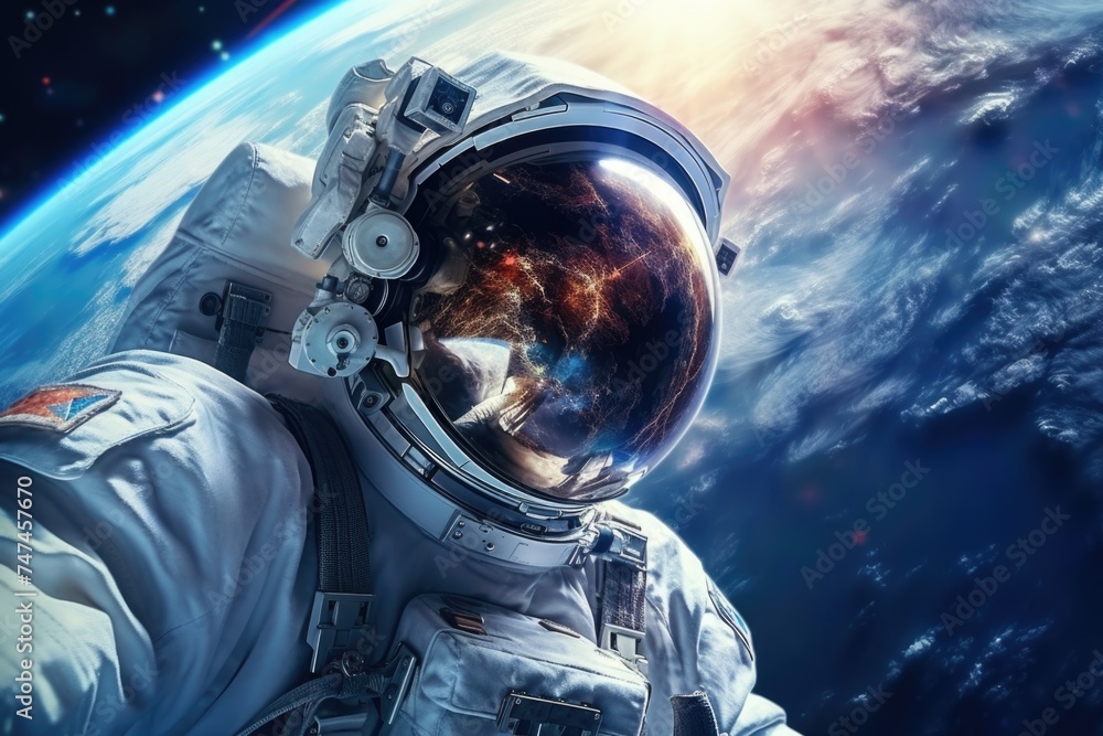 Poster An astronaut in a space suit with the earth in the background. Suitable for science and technology concepts