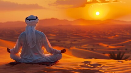 Arabian man in the dusk, pondering in the desert - obrazy, fototapety, plakaty