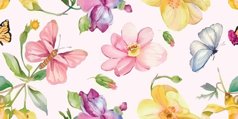 Seamless pattern, Blooming flowers with watercolor on pastel colors. Design for fabric luxurious wallpaper, vintage style. Hand drawn floral pattern. Botany garden