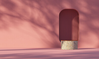 3D display platform with different formats with a backdrop The back is multicolored and has a tree silhouette.