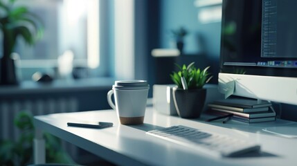 A cup of coffee next to a computer, ideal for office concept