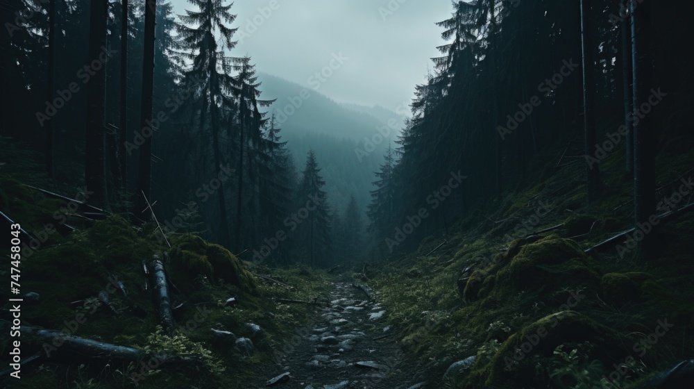 Poster a path in the middle of a forest on a foggy day. suitable for nature and mystery themes