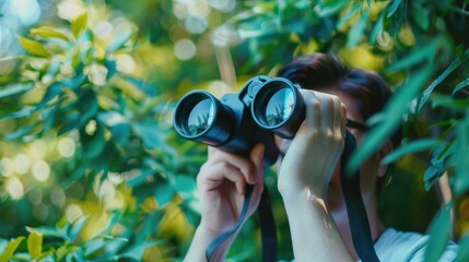 A woman holding a pair of binoculars. Useful for various concepts